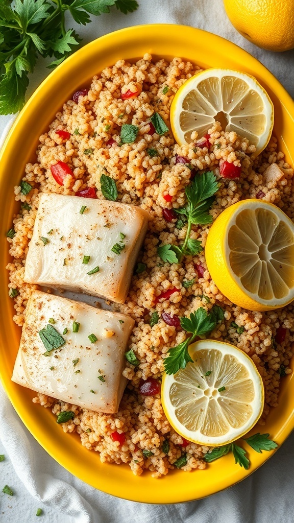 A colorful dish of fish fillets served over quinoa with diced bell peppers and lemon slices.