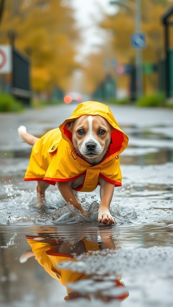 A dog in a yellow raincoat walking through a puddle on a rainy day