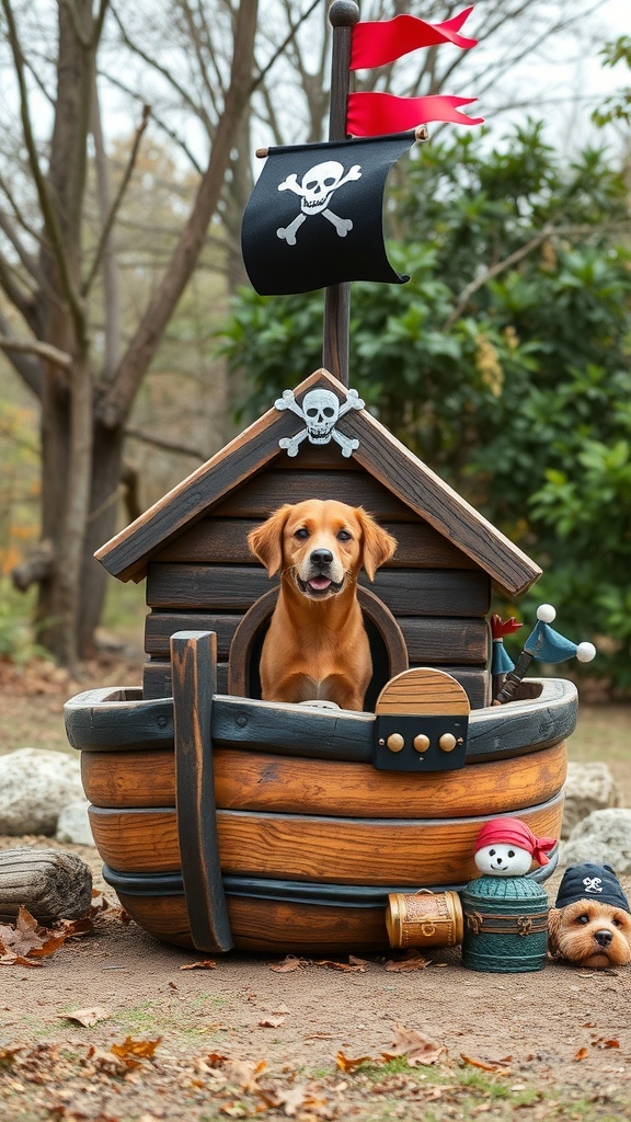 A themed dog house designed like a pirate ship with a dog sitting inside.
