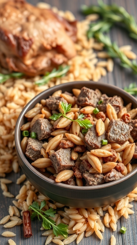 A bowl of homemade lamb and brown rice dog food with orzo and garnished with herbs.