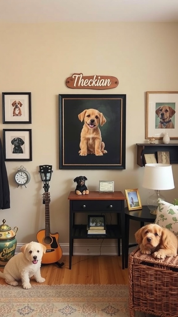 A cozy dog room featuring personalized art and accessories, including a portrait of a puppy and framed dog photos.