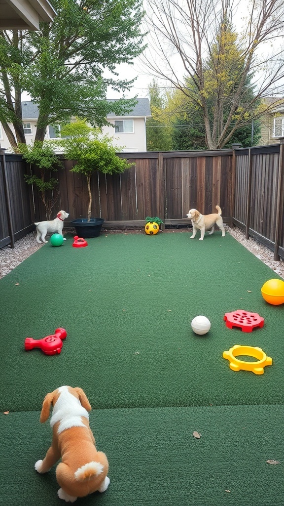 A fenced backyard play area with turf, featuring two dogs and colorful toys.