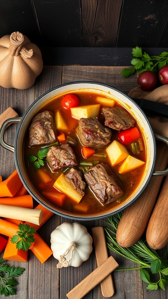 A pot of lamb and vegetable stew surrounded by fresh vegetables