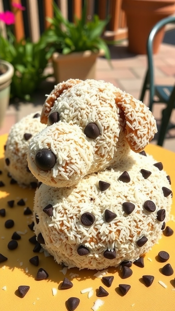 A cute dog-shaped cake made with coconut and carob, decorated with chocolate chips.