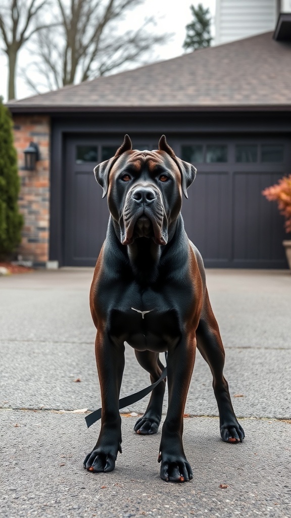A confident Cane Corso standing in front of a house, showcasing its muscular build and alert expression.