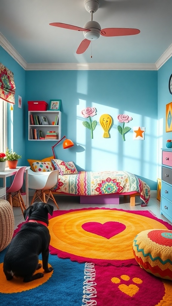 A colorful dog bedroom featuring a blue wall, bright rug, and playful decor.