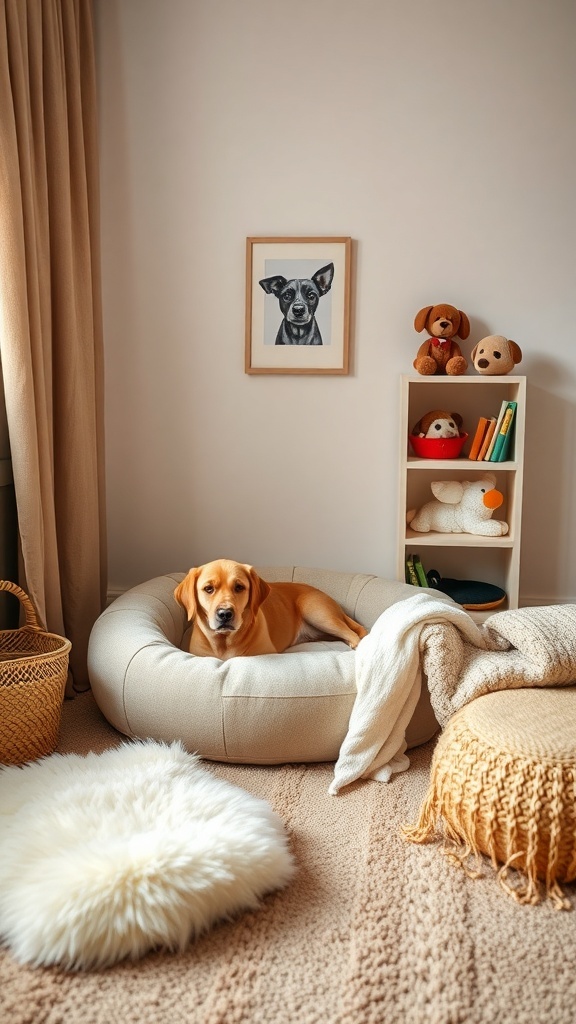 A cozy dog room featuring a dog bed, plush toys, and warm decor.