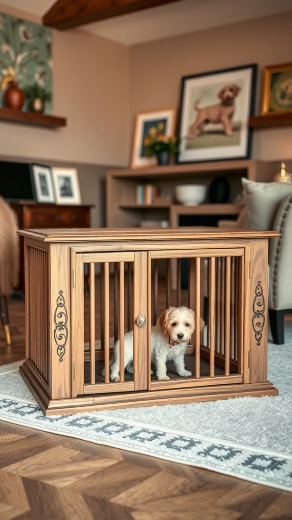 A stylish wooden dog crate with intricate carvings, placed in a cozy living room setting.