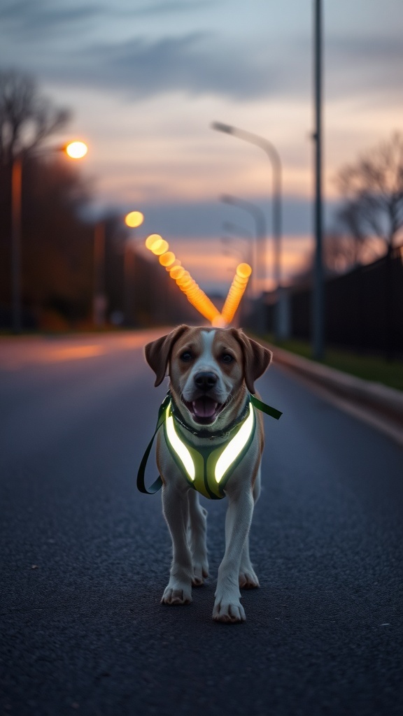 A boy walking a dog in reflective gear during sunset.