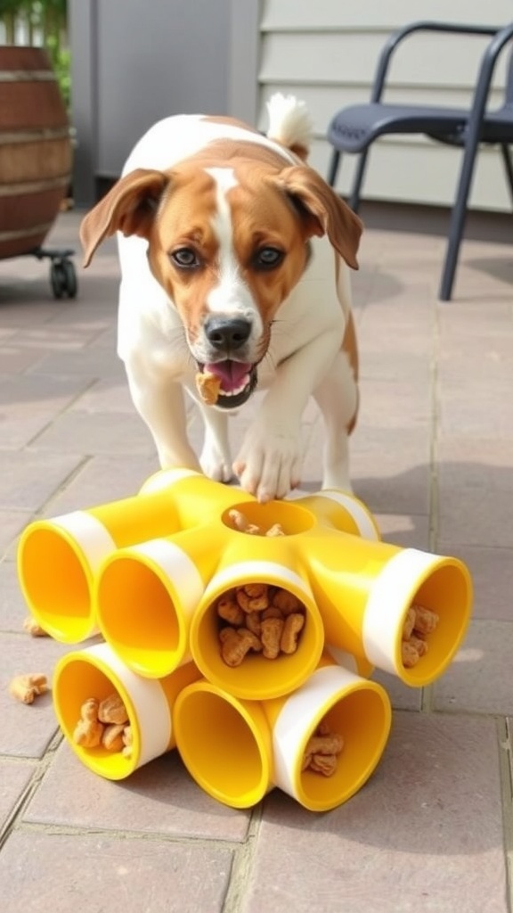 A dog interacting with a DIY PVC pipe puzzle feeder filled with treats.