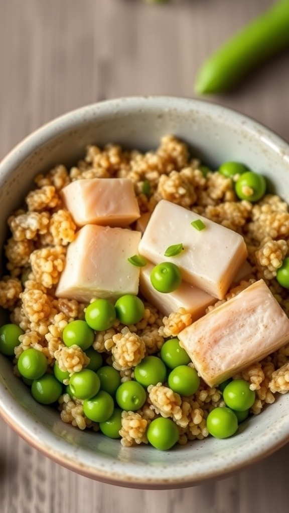 A bowl of fish and quinoa dog food with peas