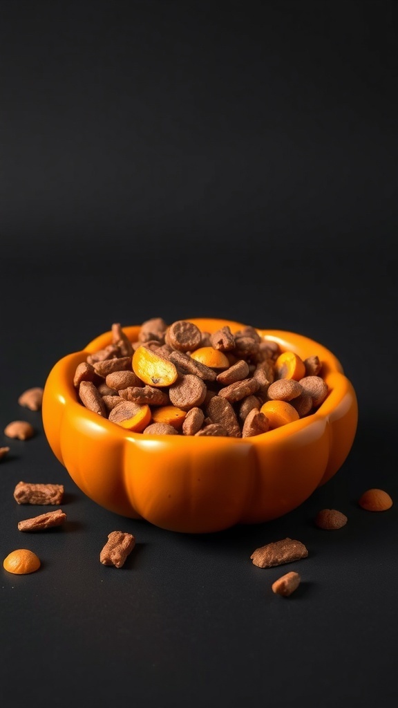 A bowl of dog treats shaped like pumpkins, showcasing a delicious homemade dog food recipe.