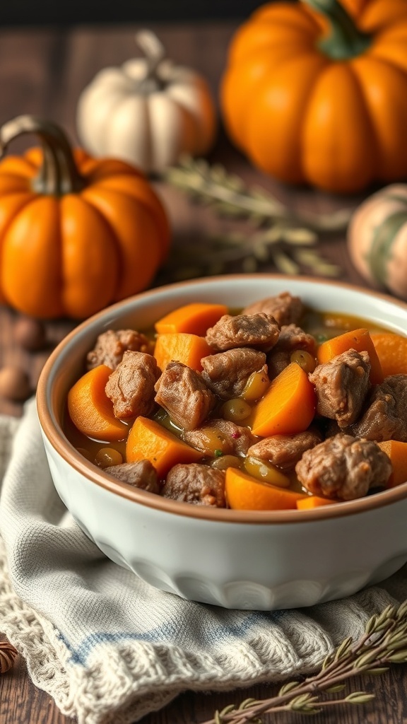 A bowl of pork and pumpkin stew with pumpkins in the background.