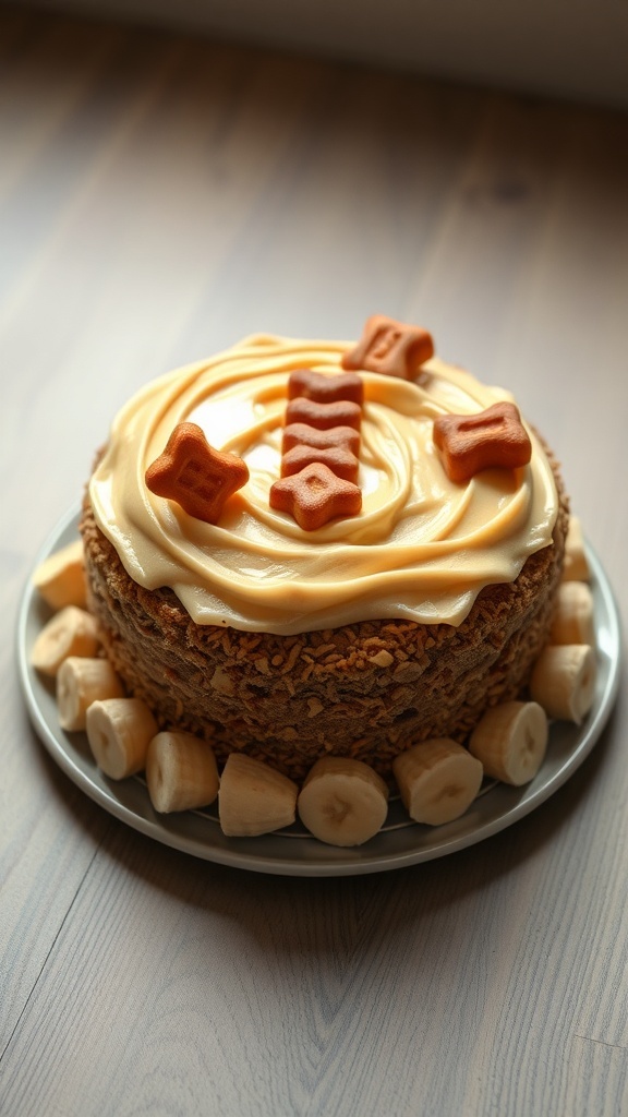 A delicious dog cake made with peanut butter and banana, topped with creamy frosting and decorated with dog treats.