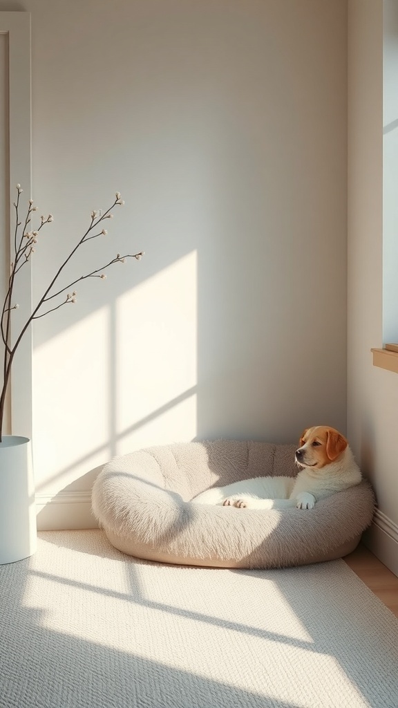 A cozy dog bed in a sunlit corner with a dog resting peacefully.