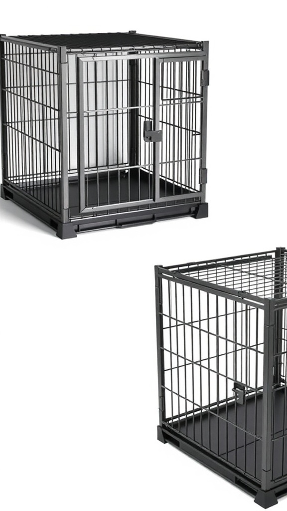 A sturdy collapsible dog crate with a metal frame and secure latch.