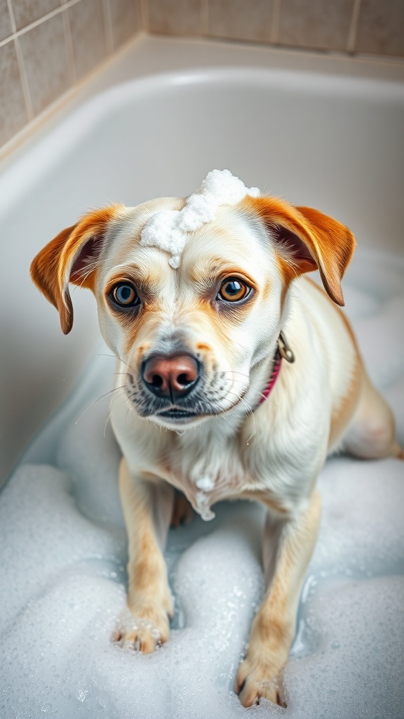 A dog sitting in a bathtub filled with bubbles, looking curious and playful.