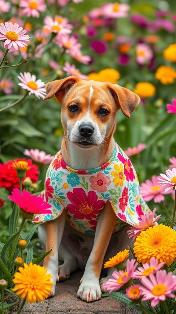 A dog wearing a colorful floral dress sitting among vibrant flowers in a garden.