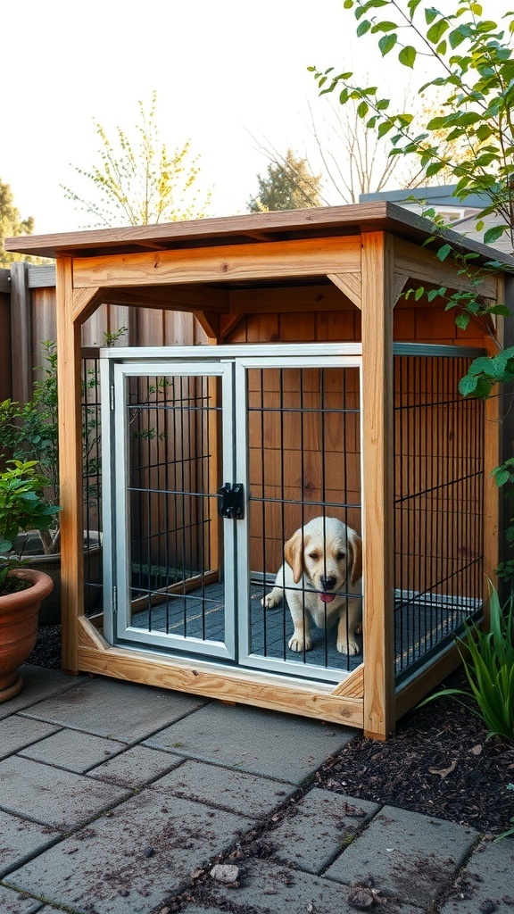 Outdoor dog crate with a wooden frame and roof, featuring a Labrador inside.