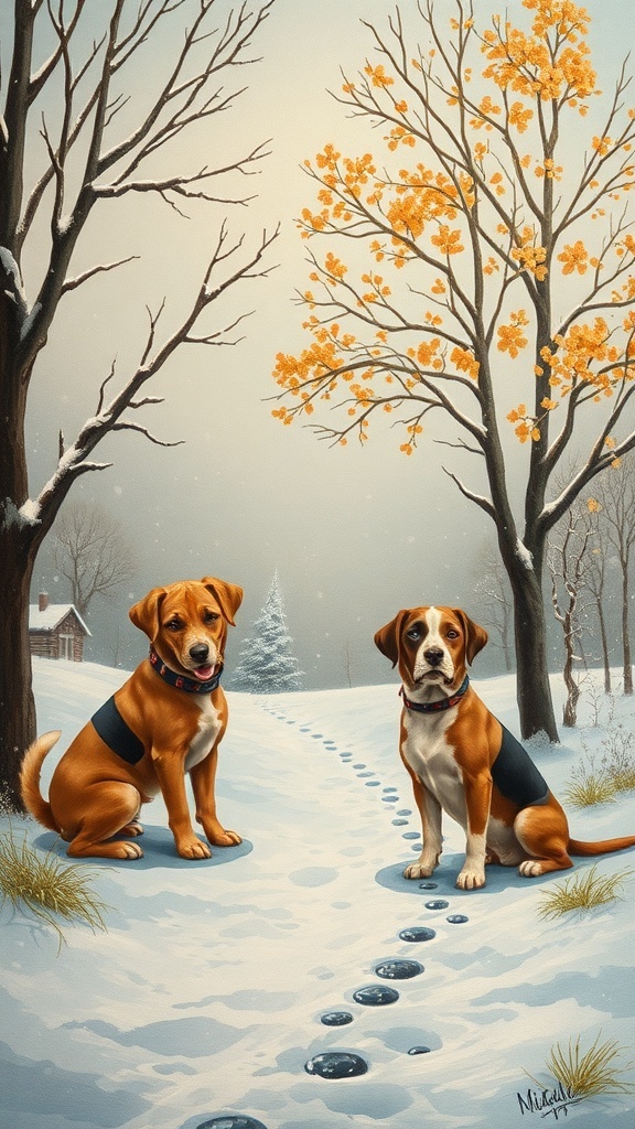 Two dogs sitting on a snowy path with autumn trees in the background.