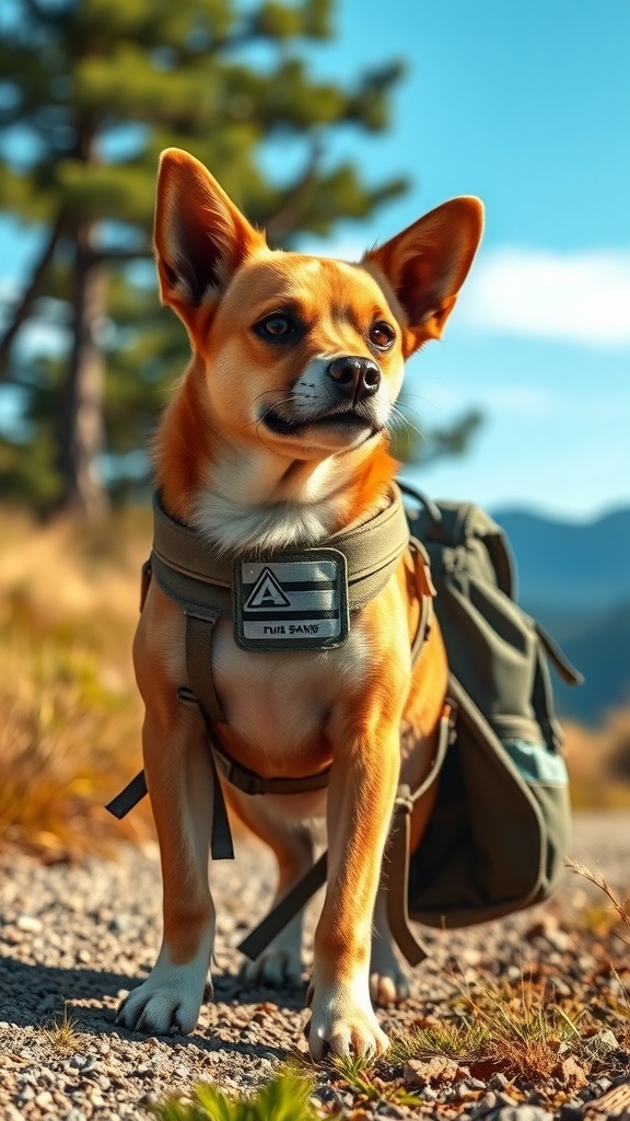 A dog wearing a functional utility vest, ready for an outdoor outing.