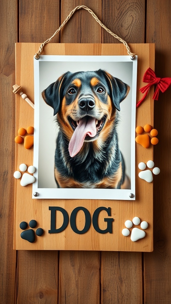A wooden plaque displaying a photo of a happy dog, surrounded by paw prints and a bow, representing a dog memorial tribute.