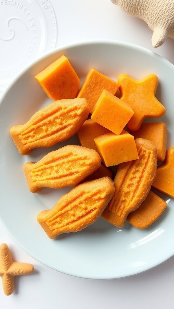 A plate of fish-shaped dog treats made from fish and sweet potato, with a dog in the background.
