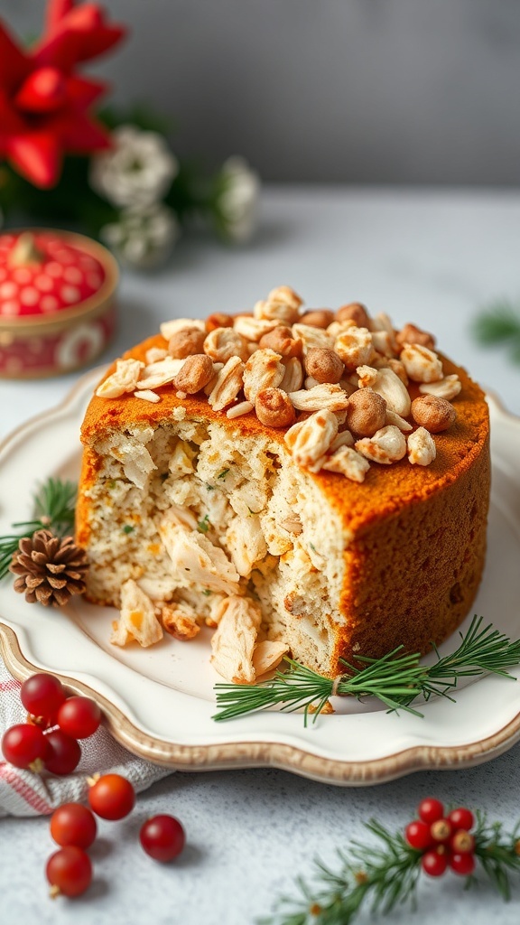 A delicious chicken and rice celebration cake for dogs, topped with crunchy treats and surrounded by festive decorations.