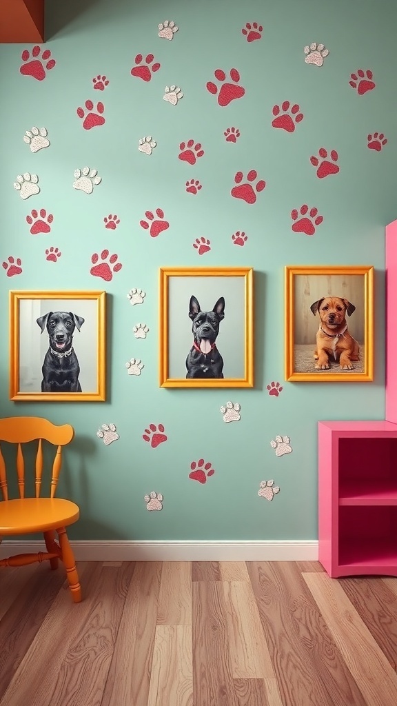 A colorful dog room with paw print wall decor and framed dog photos.