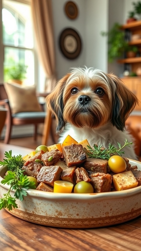 A dog looking at a bowl of lamb and vegetable medley