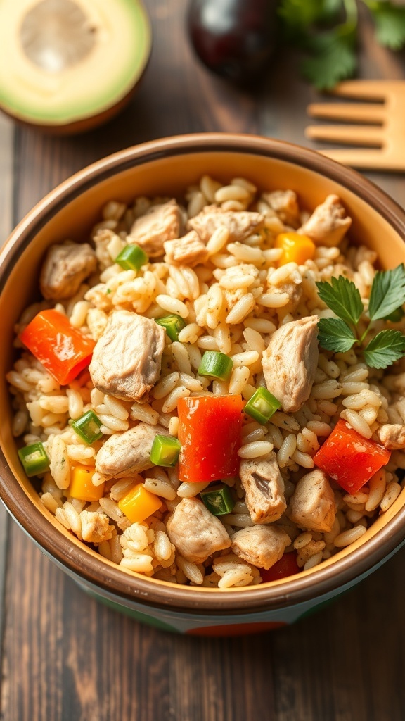 A colorful bowl of chicken and rice dog food with fresh parsley and cherry tomatoes