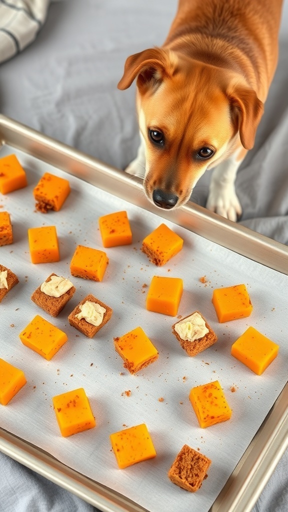 A dog looking at homemade sweet potato and chicken treats on a baking tray.