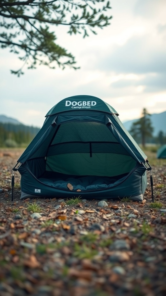 Portable dog bed designed like a tent, set in a natural outdoor environment.