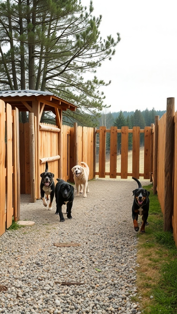Dogs running in a natural wood dog run with a gravel base