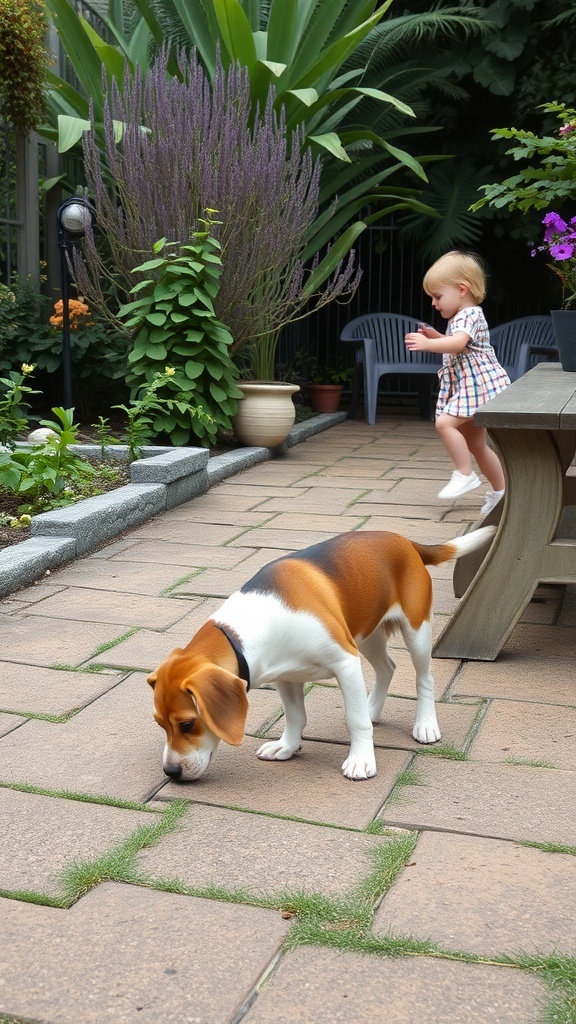 A Beagle sniffing the ground in a garden while a child plays in the background.