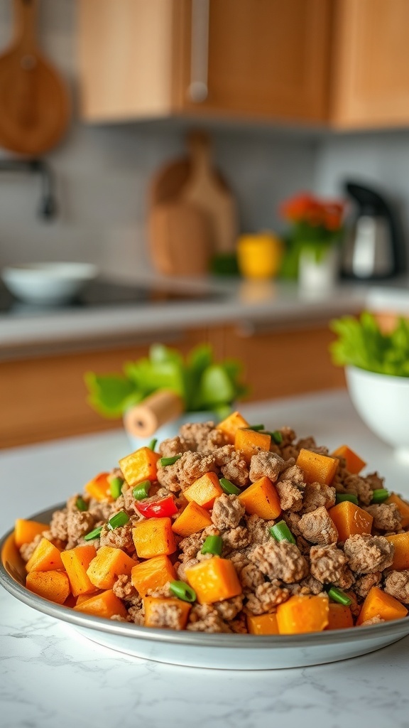 A plate of sweet potato and turkey dog food with colorful vegetables