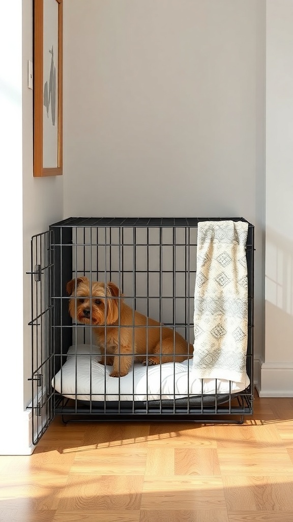 A small dog sitting in a modern wire crate with cozy bedding inside.