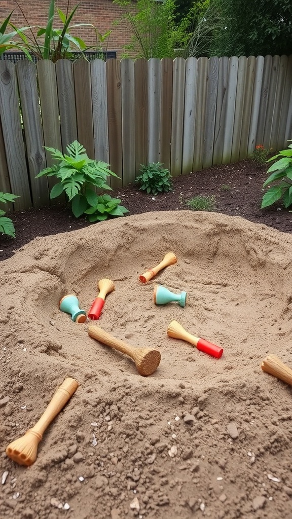 A sand digging pit for dogs with colorful toys scattered around.