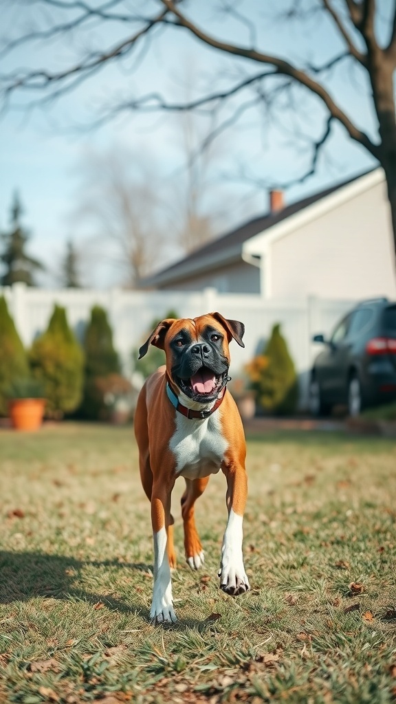 A happy Boxer dog running in a yard, showcasing its energetic and playful nature.
