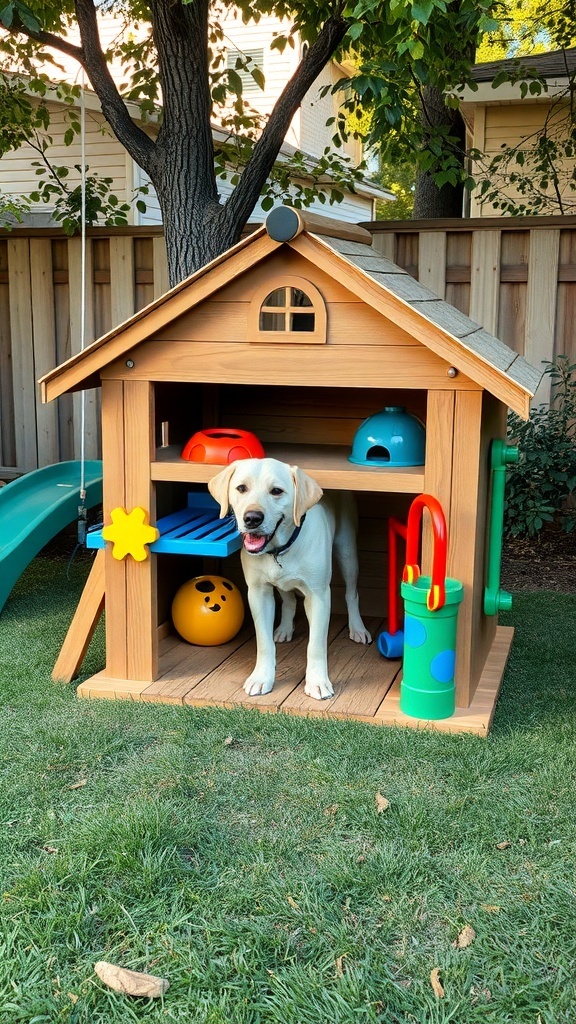 A wooden interactive dog house with toys, featuring a happy dog inside.