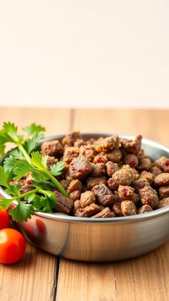 A bowl of homemade dog food featuring beef and quinoa, garnished with herbs and tomatoes.