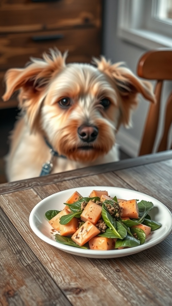 A dog looking at a plate of salmon and spinach on a wooden table.