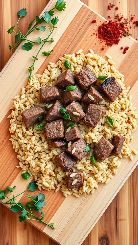 A wooden board with lamb cubes and brown rice garnished with herbs