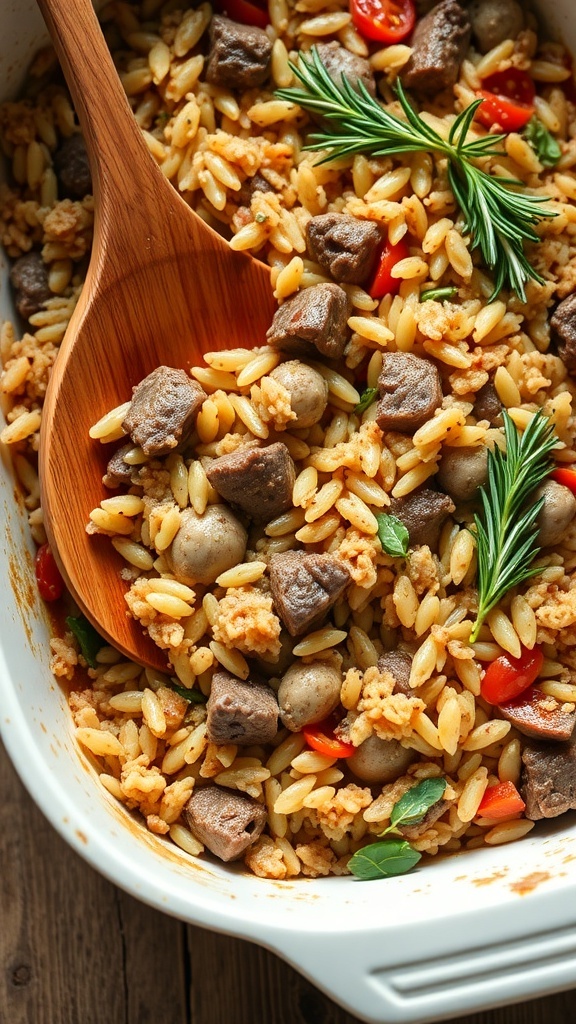 A delicious lamb and brown rice casserole for dogs, featuring chunks of lamb, brown rice, and colorful vegetables.