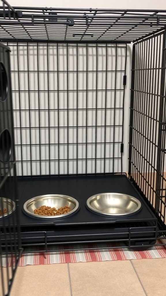 Dog crate with integrated feeding station featuring two stainless steel bowls