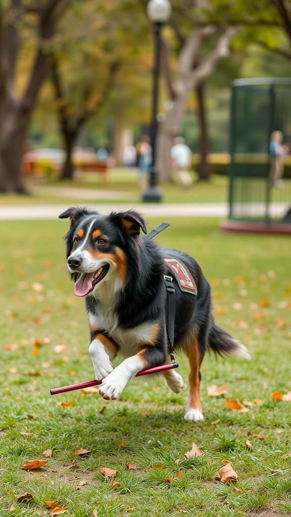 An energetic Australian Shepherd running in a park with a stick in its mouth.