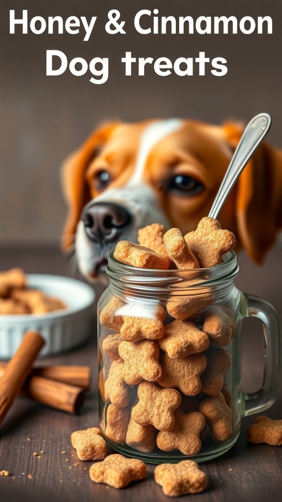 A jar filled with star-shaped honey and cinnamon dog treats, with cinnamon sticks and a dog in the background.