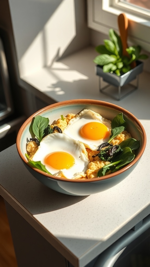 A bowl of scrambled eggs and spinach, perfect for a dog's breakfast.