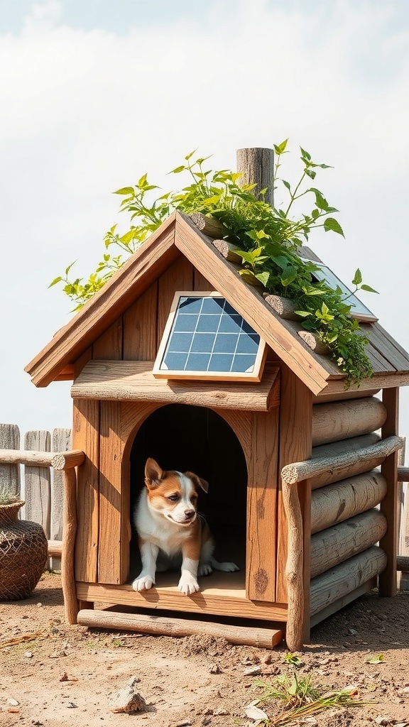 Eco-friendly dog house made of wood with a green roof and solar panels