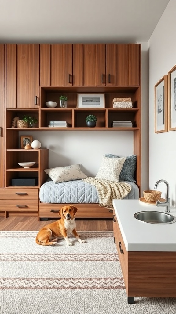 A stylish dog bedroom featuring wooden furniture, a cozy dog bed, and a small sink area.